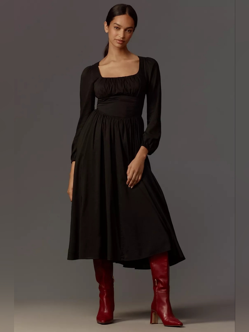 Reformation Black Oria Midi Square-Neck Long Sleeve Midi Dress Size 4